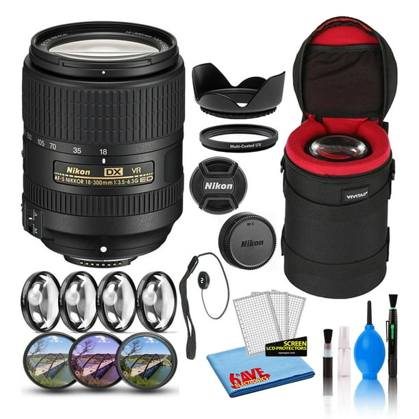 Lente Nikon AF-S DX NIKKOR 18-300 mm f/3.5-6.3G ED VR (2216) Intl con estuche acolchado para lente + kit de filtro macro + filtros de lente UV, CPL, FL + parasol de tulipán + protector de tapa de lente + kit de limpieza Nikon 2216-6A1