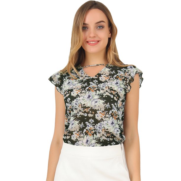 Allegra K Blusa Floral Informal Cuello V Mangas Casquillo Con Volantes Para Mujer Negro L Unique Bargains Blusa
