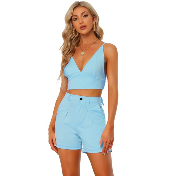 Camisola de 2 piezas para mujer, informal, de verano, sin mangas, con nudo en la espalda, con pantalones cortos Azul claro XS Unique Bargains Traje