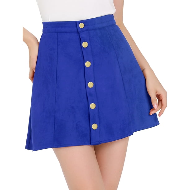 Falda Corta Acampanada De Cintura Alta Con Cierre De Botón De Gamuza Sintética Para Mujer Azul L Unique Bargains Falda