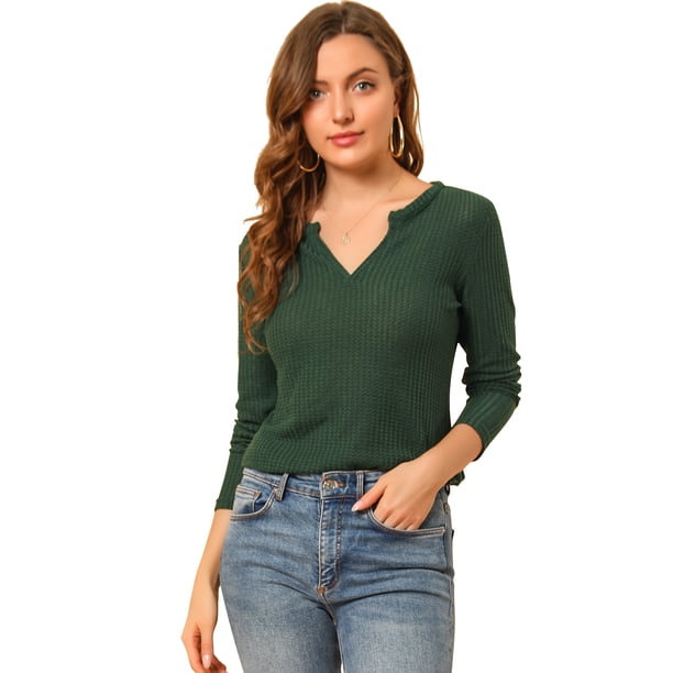 Suéteres de jersey de cuello en V de manga larga de punto de gofre de color sólido para mujer Verde M Unique Bargains Suéter