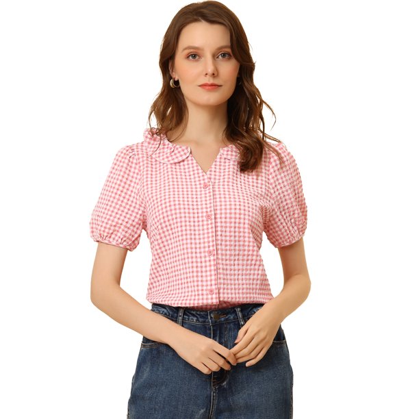 Blusa a cuadros para mujer con cuello de volantes, cuello en V, manga abullonada, camiseta de cuadro Unique Bargains Blusa