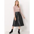 thumbnail image 3 of Falda de piel sintética para mujer Faldas midi elegantes con lazo en la cintura A-Line Negro M Unique Bargains Falda, 3 of 5