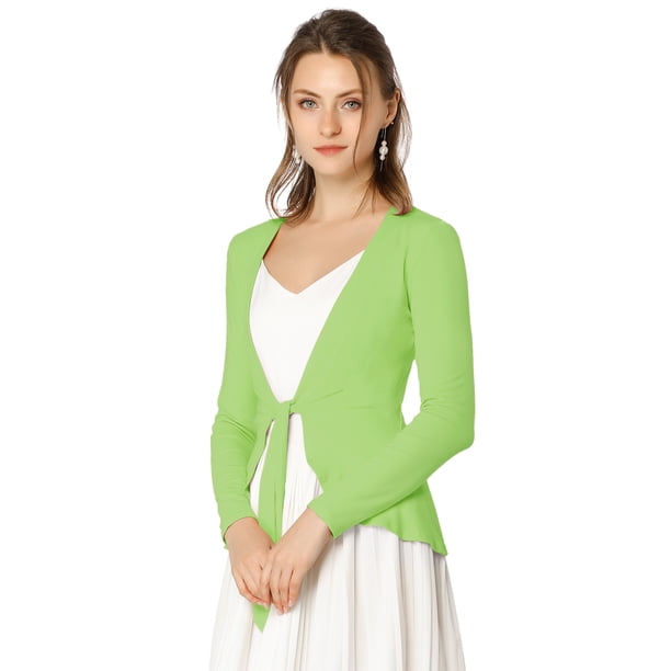 Cardigan Dobladillo Rizado Rebeca De Punto Frente De Corbata Para Mujeres Verde claro XL Unique Bargains Cárdigan