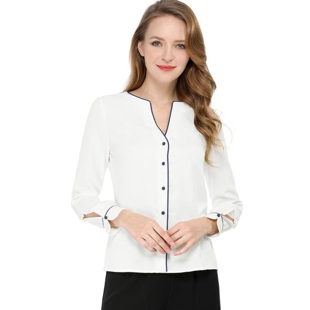 Allegra K Blusa Top Elegante Cuello En V Recorte De Contraste Mangas Largas De Botón Para Mujeres Blanquecino S Unique Bargains Blusa