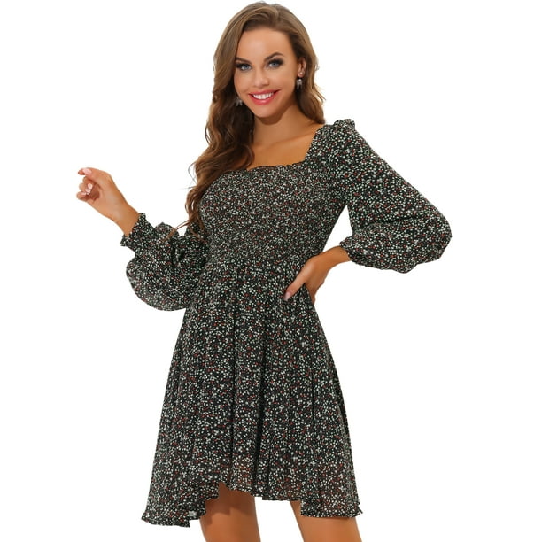 Mini vestido de chifón de manga larga con cuello cuadrado floral para mujer Negro XL Unique Bargains Vestimenta casual