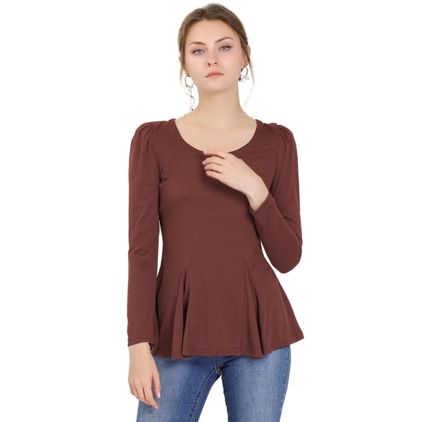 Camisa Básica De Manga Larga Con Cuello Redondo Y Peplum Informal Para Mujer Caramelo L Unique Bargains Camisa