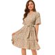 thumbnail image 1 of Vestido floral de manga acampanada con cuello en V y cintura elástica con dobladillo con volantes es Unique Bargains Vestido, 1 of 6