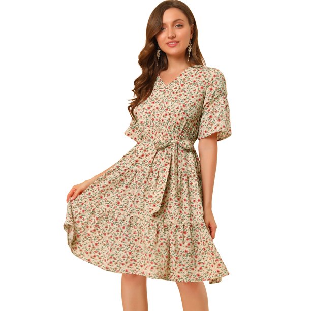 Vestido floral de manga acampanada con cuello en V y cintura elástica con dobladillo con volantes es Unique Bargains Vestido