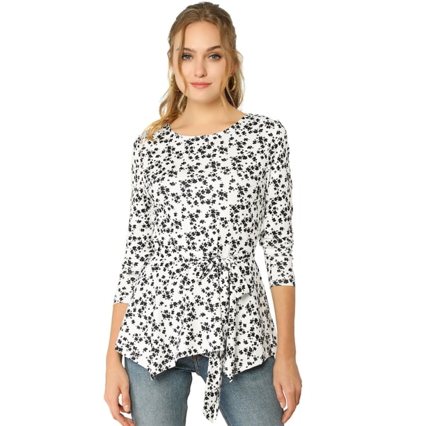 Tops Peplum De Otoño Con Volantes Y Estampado Floral De Manga Larga Para Mujer Blanco XS Unique Bargains Blusa