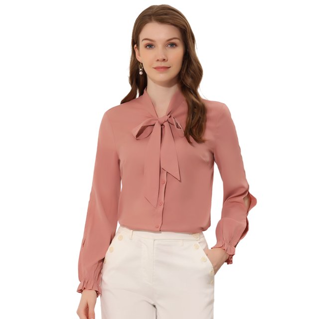 Allegra K Blusa elegante con cuello de pajarita para mujer, blusa de gasa de trabajo de manga larga Unique Bargains Camisa