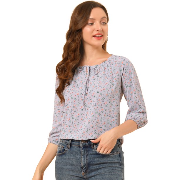Blusa floral de manga raglán con cuello de pajarita 3/4 para mujer Morado claro XS Unique Bargains Blusa