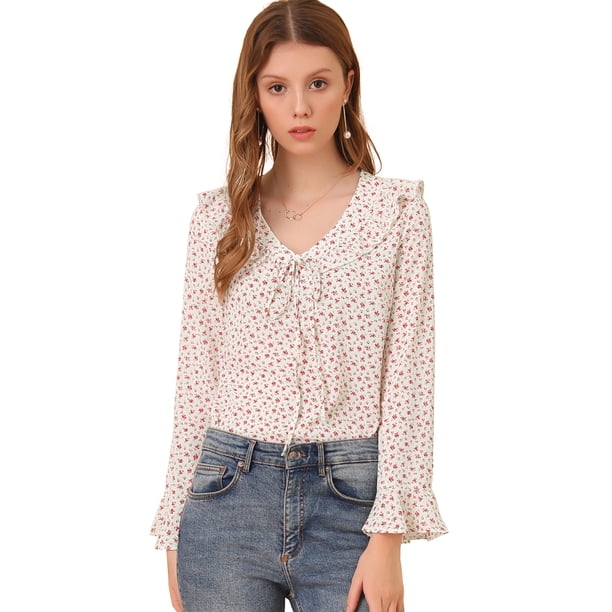 Allegra K Blusa de gasa con cuello en V y volantes florales con manga acampanada 3/4 para mujer Alba Unique Bargains Blusa
