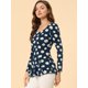 thumbnail image 4 of Camisa Peplum Estampada Con Cuello Redondo Y Mangas Largas De Leopardo Para Mujer Azul Floral S Unique Bargains Camisa, 4 of 6