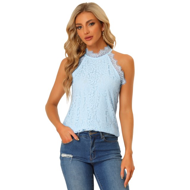 Top de encaje de flores sin mangas casual con volantes para mujer Azul claro S Unique Bargains Blusa