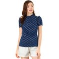 thumbnail image 1 of Blusa Tops De Lunares Volante Fruncido Manga Corta Cuello Alto Para Mujeres Azul Oscuro XS Unique Bargains Blusa, 1 of 6