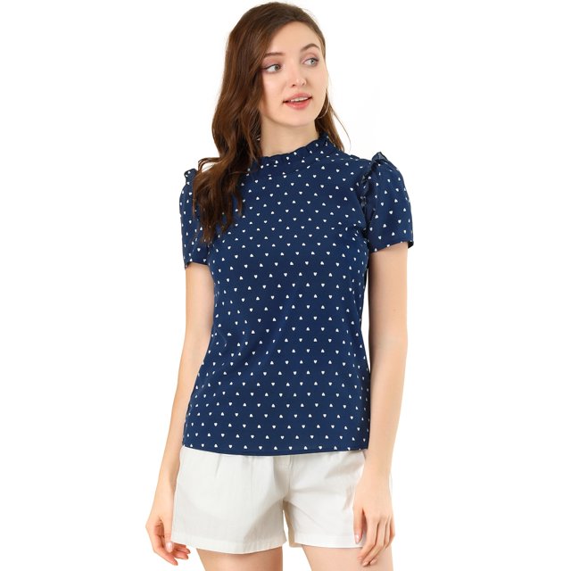 Blusa Tops De Lunares Volante Fruncido Manga Corta Cuello Alto Para Mujeres Azul Oscuro XS Unique Bargains Blusa