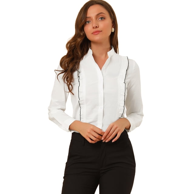 Camisa De Manga Larga Con Cuello Alto Y Botones En Contraste Con Ribete De Volantes Y Blusa De Carre Unique Bargains Blusa