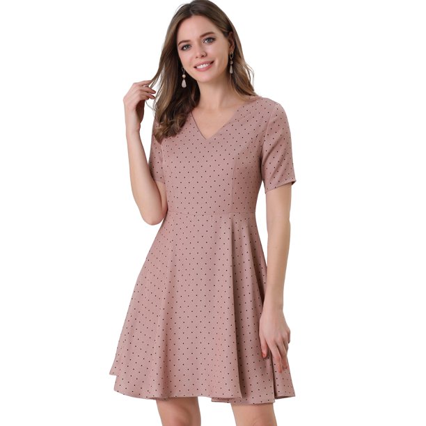 Vestido Acampanado Vintage Cuello V Manga Cort Lunares Para Mujer Rosa XS Unique Bargains Vestido