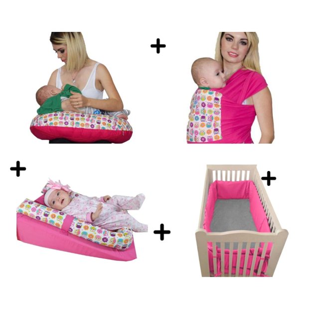 Almohada de Lactancia, Fular elástico, Colchón Antireflujo y Protector de Barrotes Búhos Mami Ama Bebé frambuesa