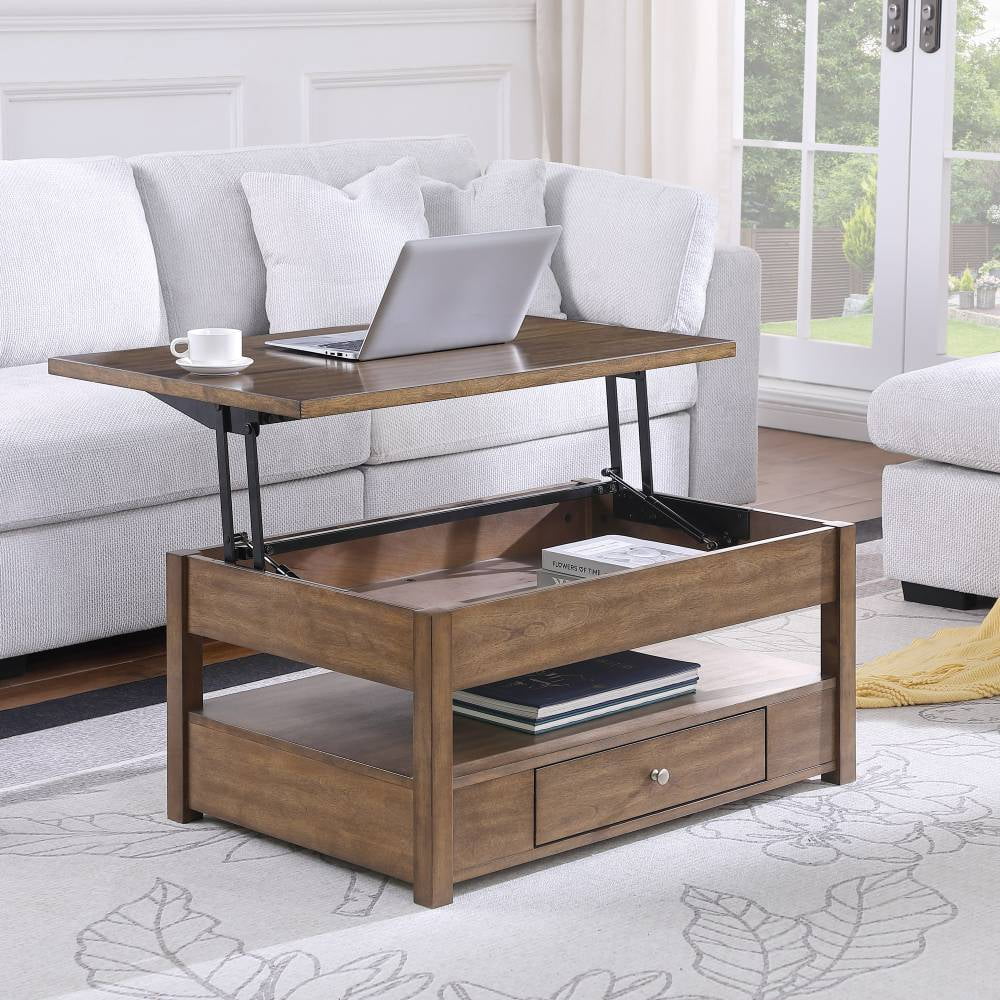 Mesa de centro de madeira com tampo elevado, notebook, compartimento interno e gaveta frontal